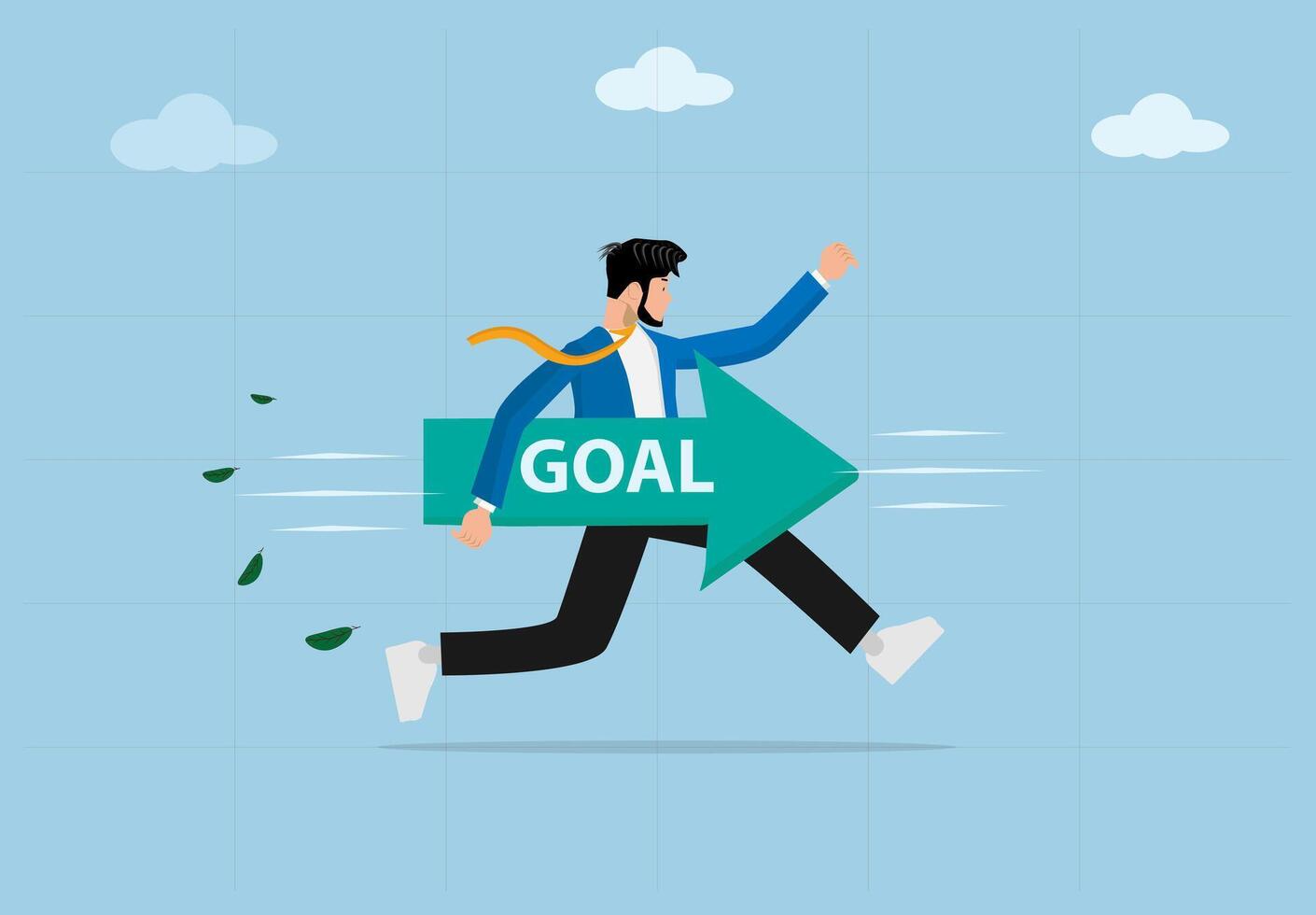 Business Goal Achievement. A Determined Businessman Running Towards Success with an Arrow Symbolizing Target, Ambition, Growth, and Motivation in Career and Corporate Development. vector