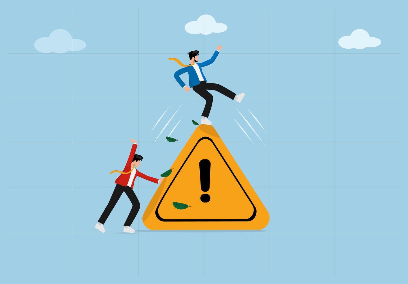 Business Risk and Danger Concept. Businessmen Climbing and Slipping on Warning Sign. Financial Challenges, Corporate Crisis, and Risky Decision Making in Business. vector
