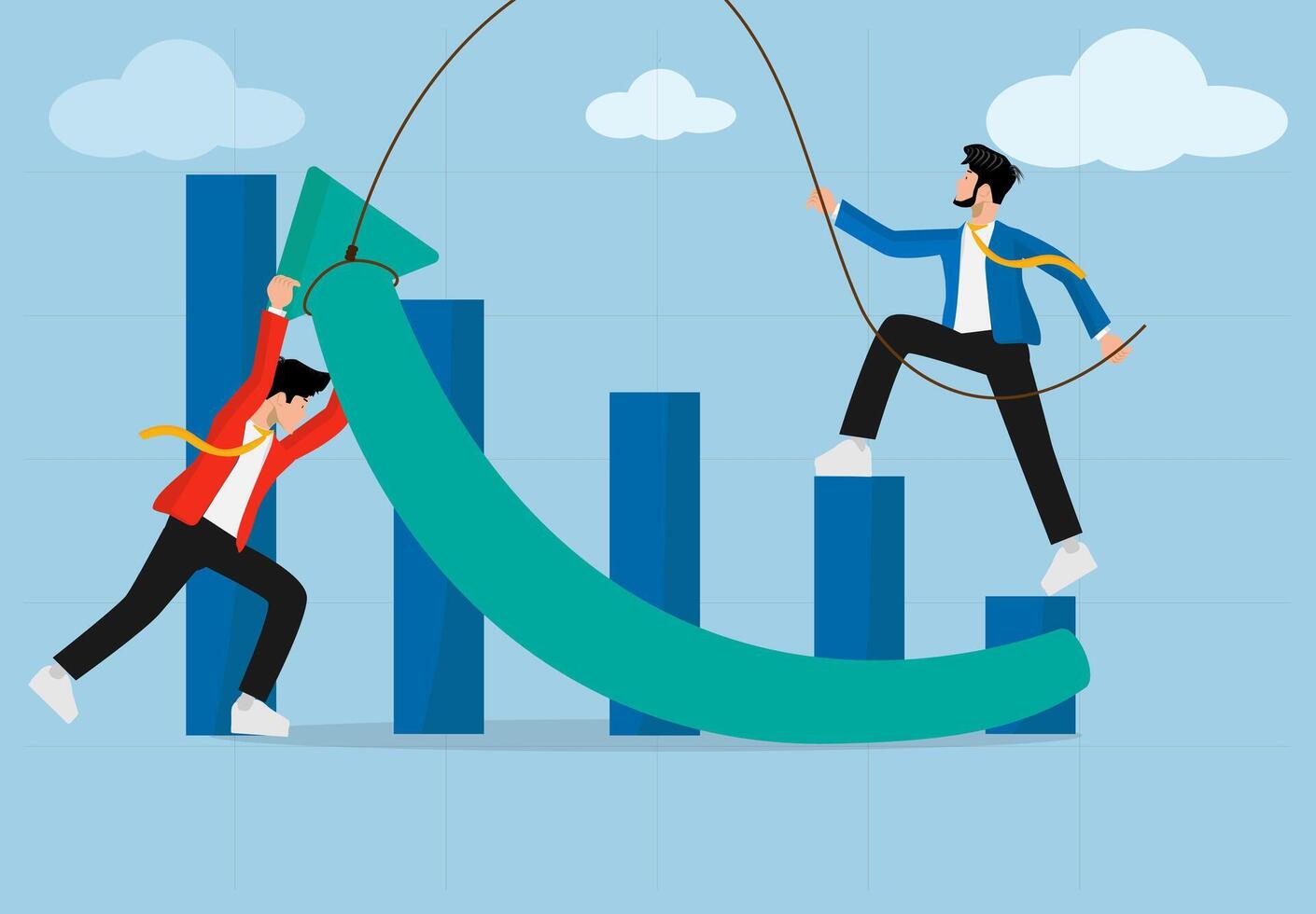 Business Teamwork and Growth Chart Strategy. Two Businessmen Collaborate to Stabilize Financial Market Trends and Overcome Business Challenges for Economic Success. vector