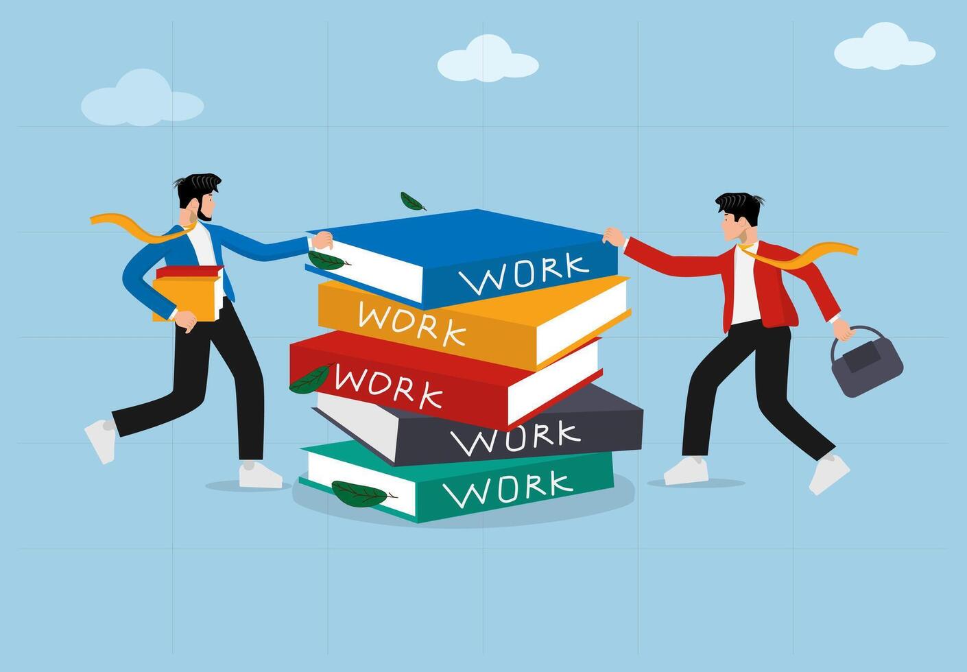 Business and Productivity Concept Illustration. Two Businessmen Running Around a Stack of Work Books in Flat Style. vector