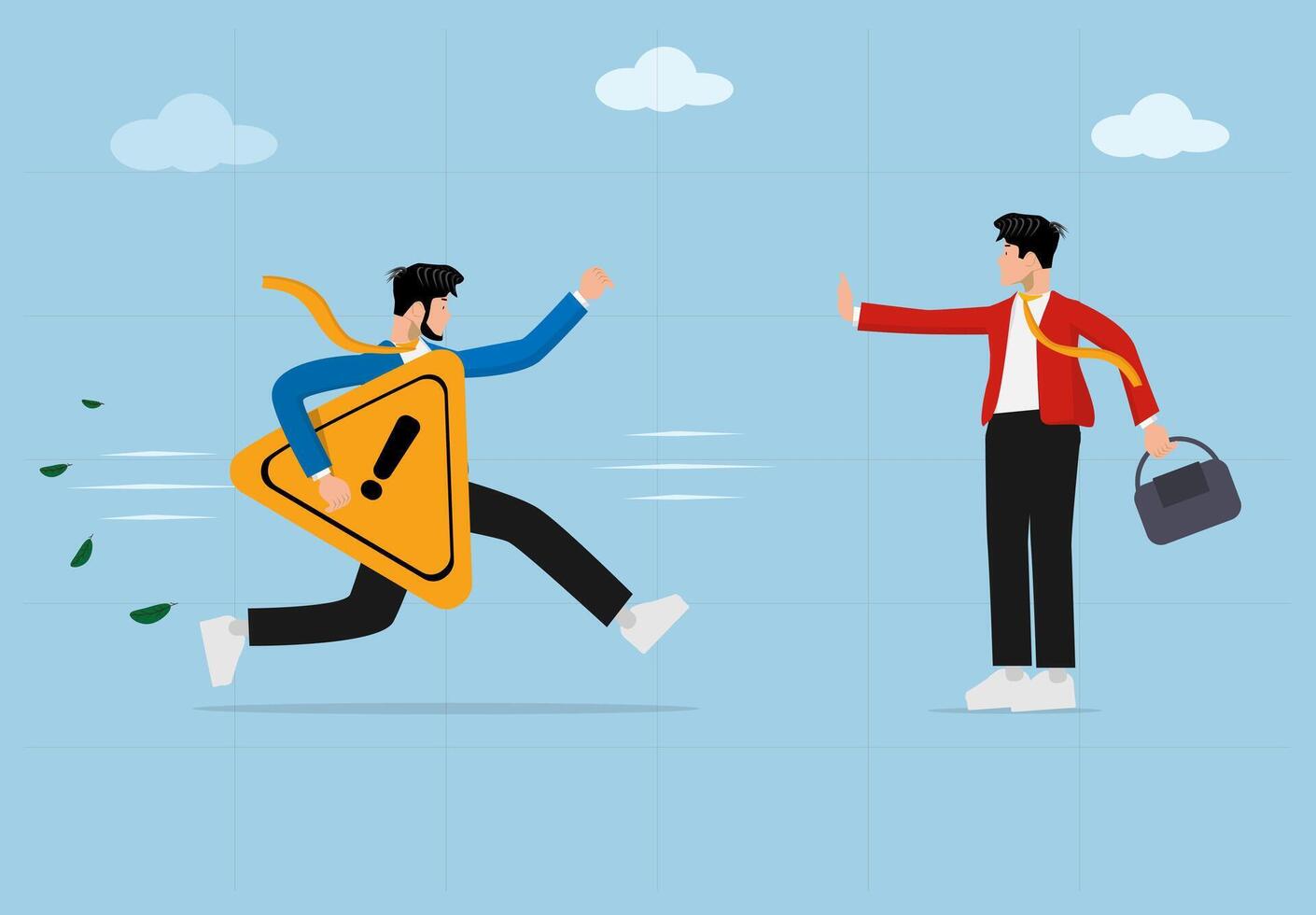 Business Risk and Warning Concept. Businessman Running with Caution Sign Towards a Partner. Corporate Challenges, Financial Risk, and Business Decision Making. vector