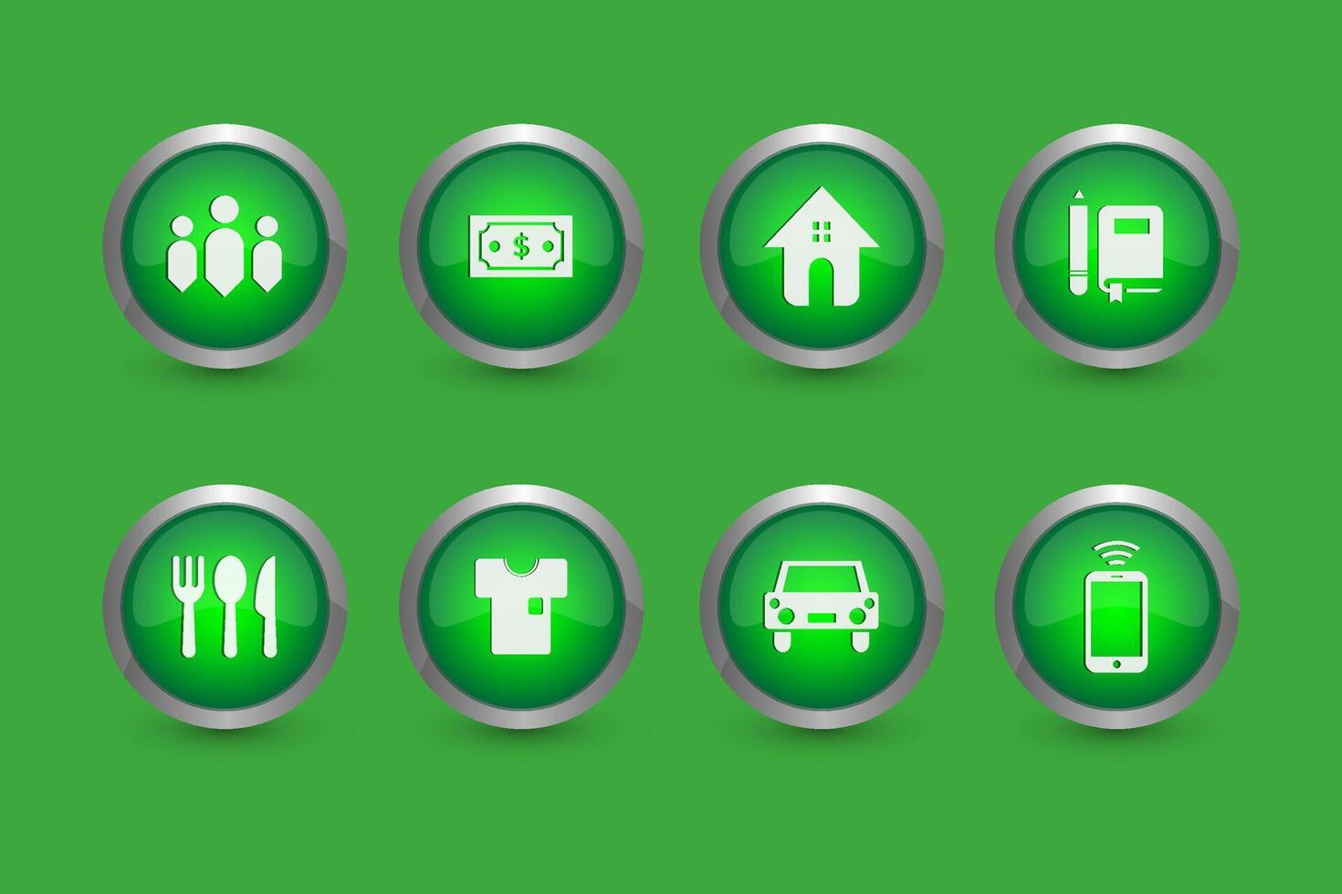 Set of buttons for web, people, money, home, education, food, fashion, car, smartphone. Set of 8 glossy icons for web isolated on green background. vector
