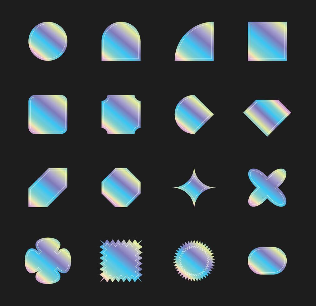 Holographic blank rainbow shiny stickers labels of different shapes design vector
