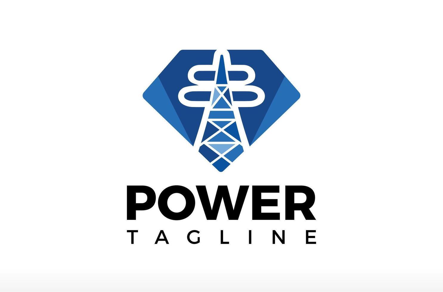 Power Diamond Logo, Diamond With Electric Tower Logo Design, Power Gem Logo, Electric Transmission Tower distribution high voltage electric tower, power line system electricity pole, energy pylon icon vector