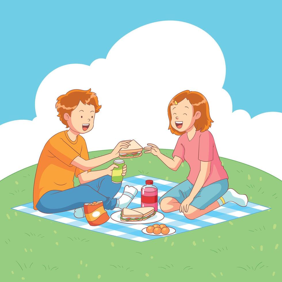 hand drawn picnic with girlfriend vector