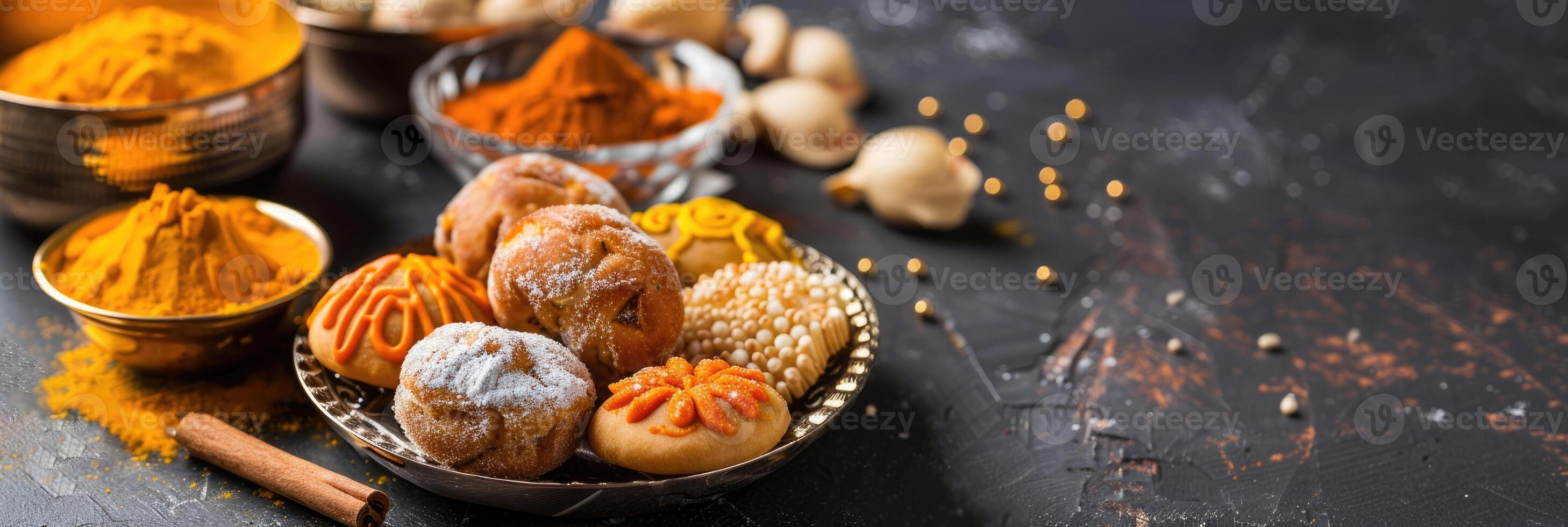 Sikh New Year, Baisakhi, Vaisakhi, traditional Indian cuisine, national pastries and desserts, cinnamon rolls, dark background, horizontal banner, copy space, free space for text photo