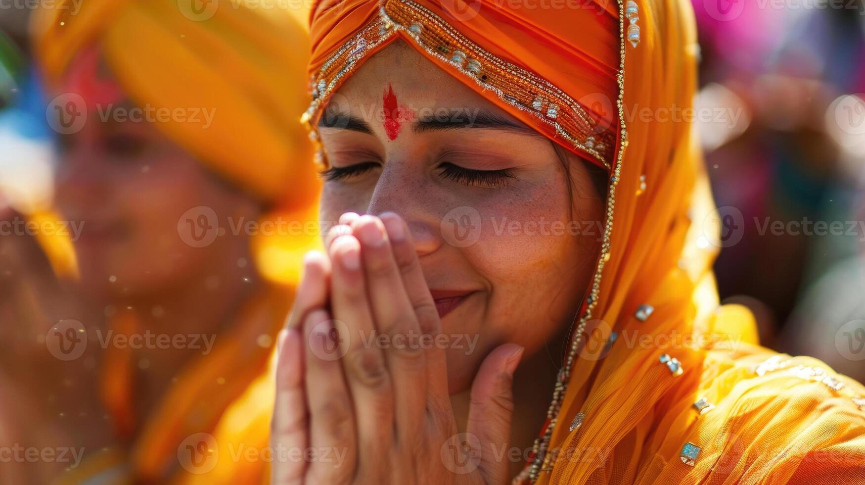 celebration of the Sikh New Year, Baisakhi, Vaisakhi, portrait of an Indian woman praying in national dress, sacred ritual photo