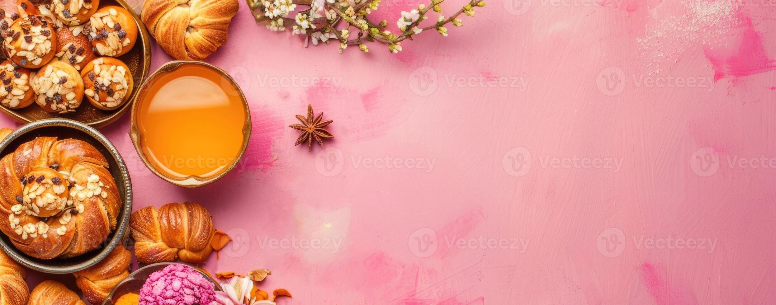 Sikh New Year, Baisakhi, Vaisakhi, traditional Indian cuisine, national pastries and desserts, honey buns, pink background, horizontal banner, copy space, free space for text photo