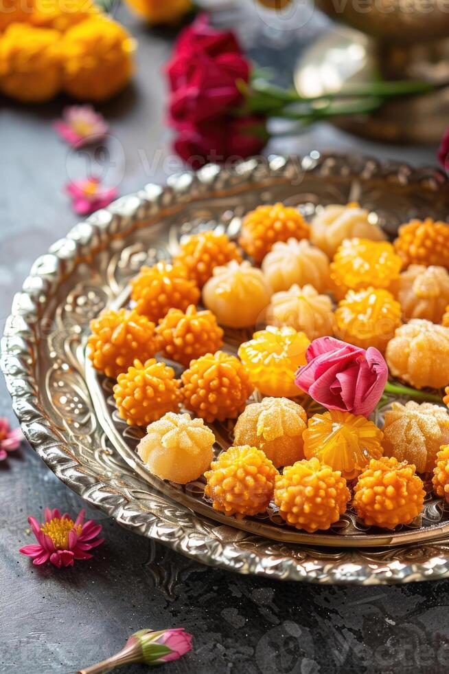 Sikh New Year, Baisakhi, Vaisakhi, traditional Indian cuisine, national pastries and desserts, Laddu sweets on a silver tray, vertical banner photo