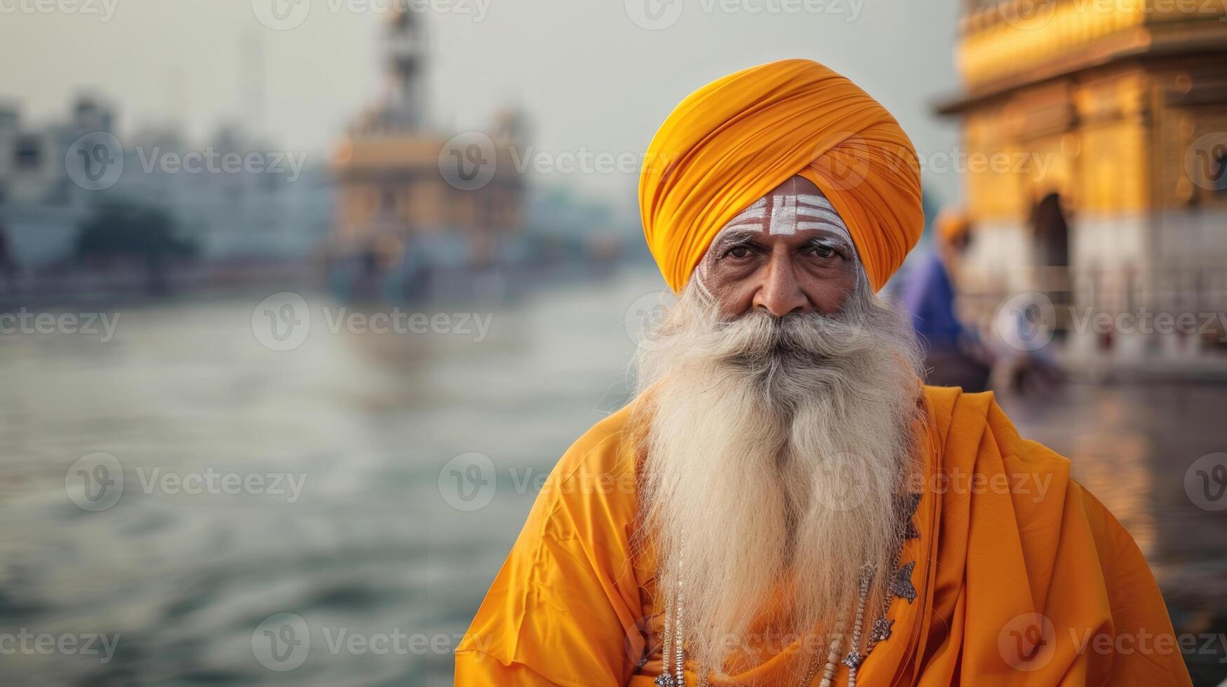 Sikh New Year, Baisakhi, Vaisakhi, portrait of an elderly Sikh man in a turban and Indian national dress, horizontal banner, copy space, free space for text photo