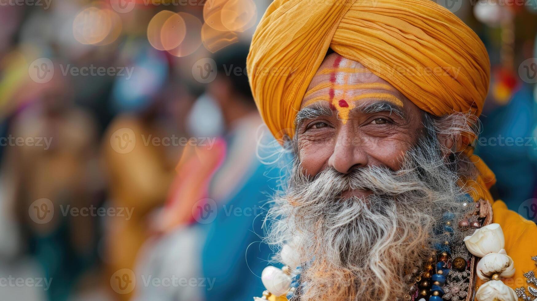 celebration of the Sikh New Year, Baisakhi, Vaisakhi, portrait of a smiling elderly Sikh man in a turban and Indian national dress, sacred ritual, horizontal banner, copy space, free space for text photo