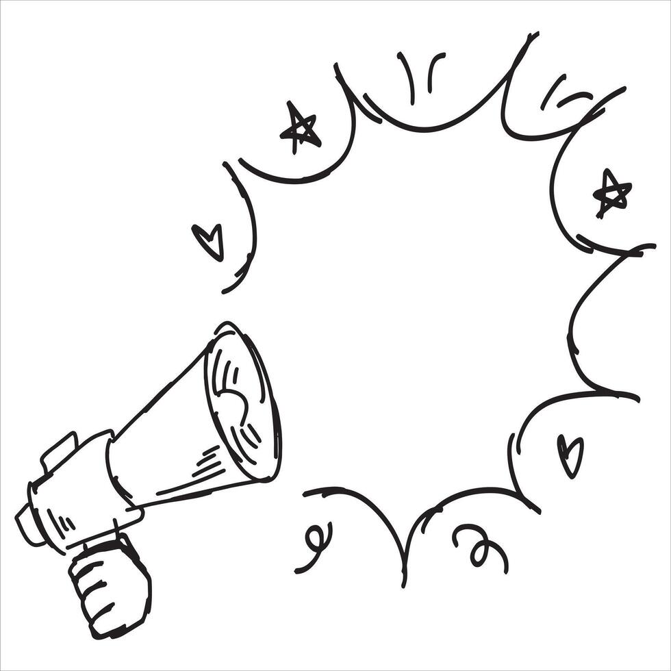 Loudspeaker doodle drawing. Sketch media propaganda. Marketing megaphone announce or broadcast. Emergency bullhorn. Cartoon loud alert warning vector
