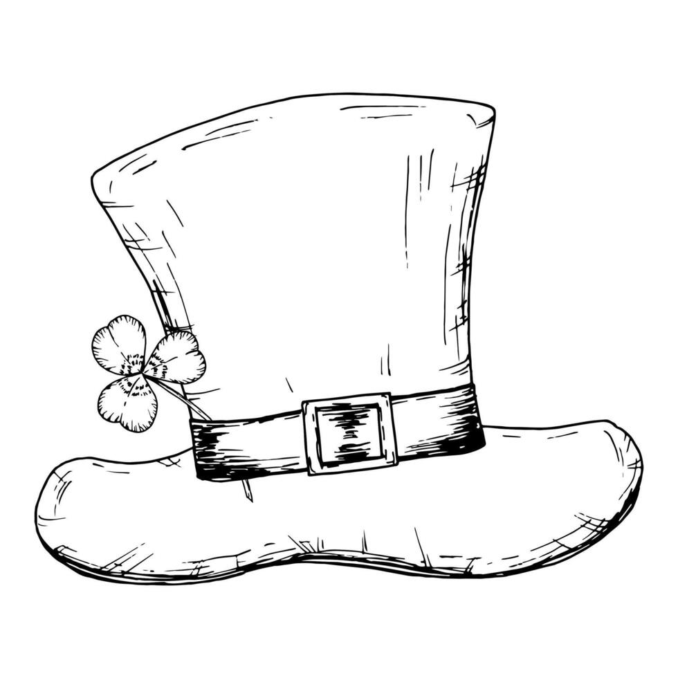Black and white hand-drawn illustration of a classic leprechaun hat with a small four-leaf clover. Perfect for Irish folklore, St. Patrick s Day, lucky charm designs, and Celtic-inspired artwork vector