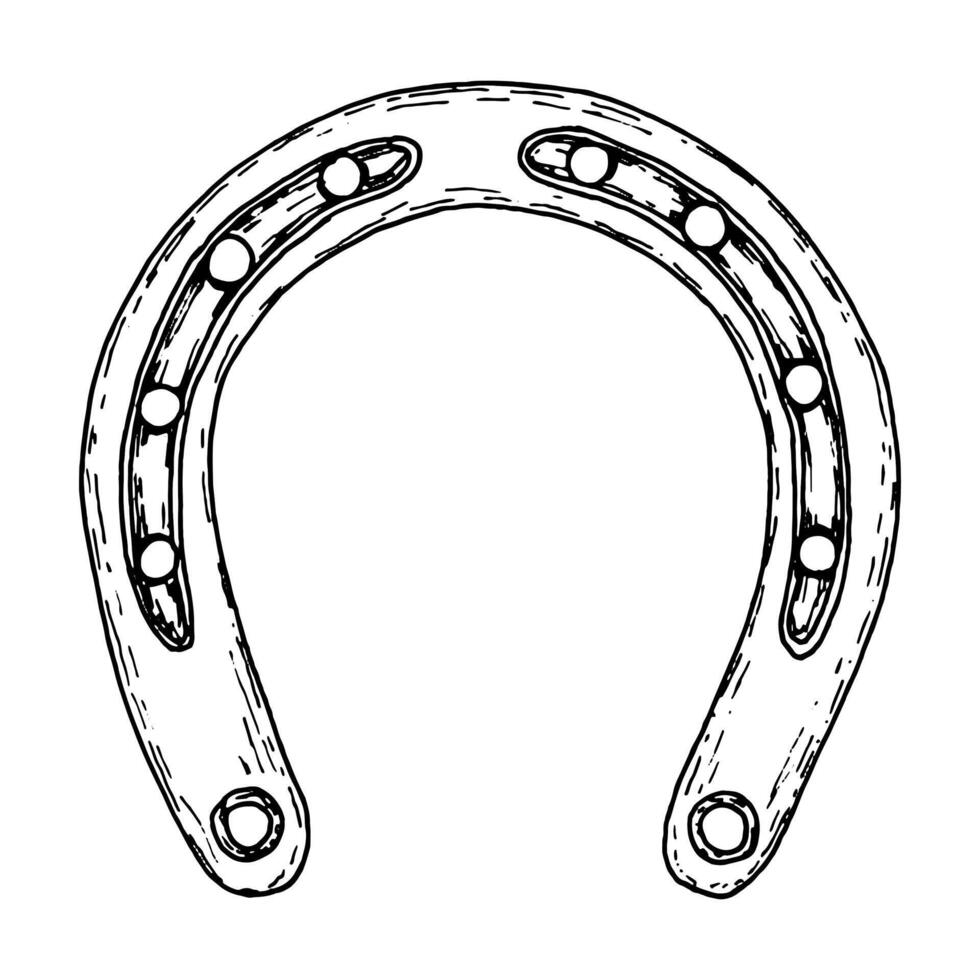 Hand-drawn black and white illustration of a traditional horseshoe, a classic good luck charm. Ideal for fortune symbols, Irish folklore, St. Patrick s Day, rustic designs, and mystical-themed vector