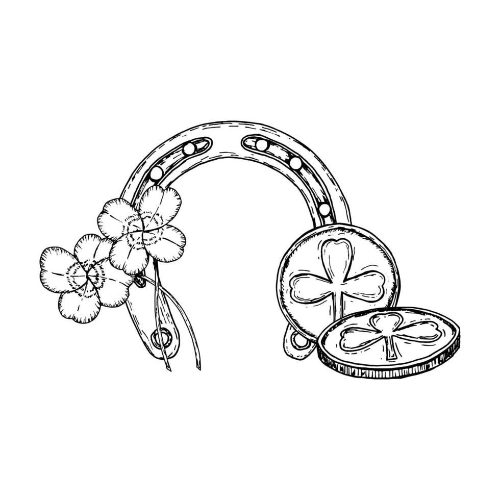 A detailed black and white illustration of a lucky horseshoe, shamrocks, and gold coins. A perfect St. Patrick s Day symbol representing Irish luck, prosperity, and the joy of celebration vector