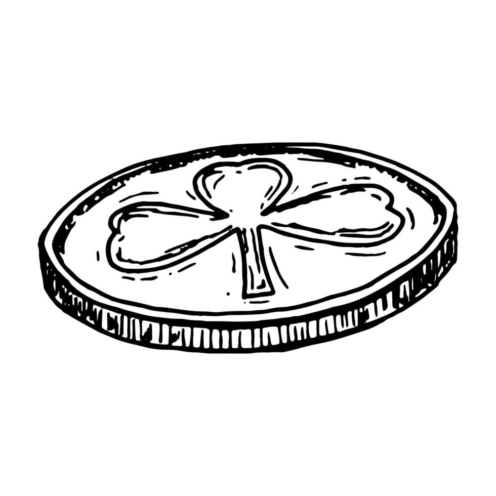 Black and white hand-drawn illustration of a lucky coin featuring a three-leaf clover. Perfect for St. Patrick s Day, Irish folklore, fortune symbols, gambling themes, and lucky charm designs vector