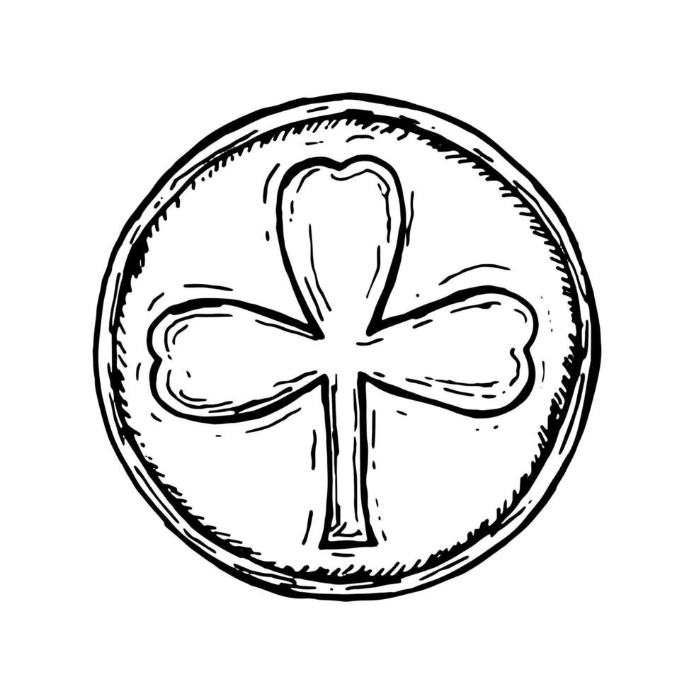 Hand-drawn black and white illustration of a round coin with a three-leaf clover. A symbol of good fortune, ideal for Irish-themed designs, St. Patrick s Day, lucky charms, and folklore projects vector