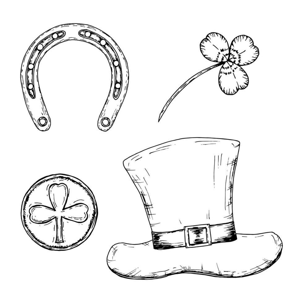 A collection of hand-drawn St. Patrick s Day elements, including a leprechaun s hat, horseshoe, shamrock, and lucky coin. A festive design celebrating Irish traditions and the joy of good luck vector