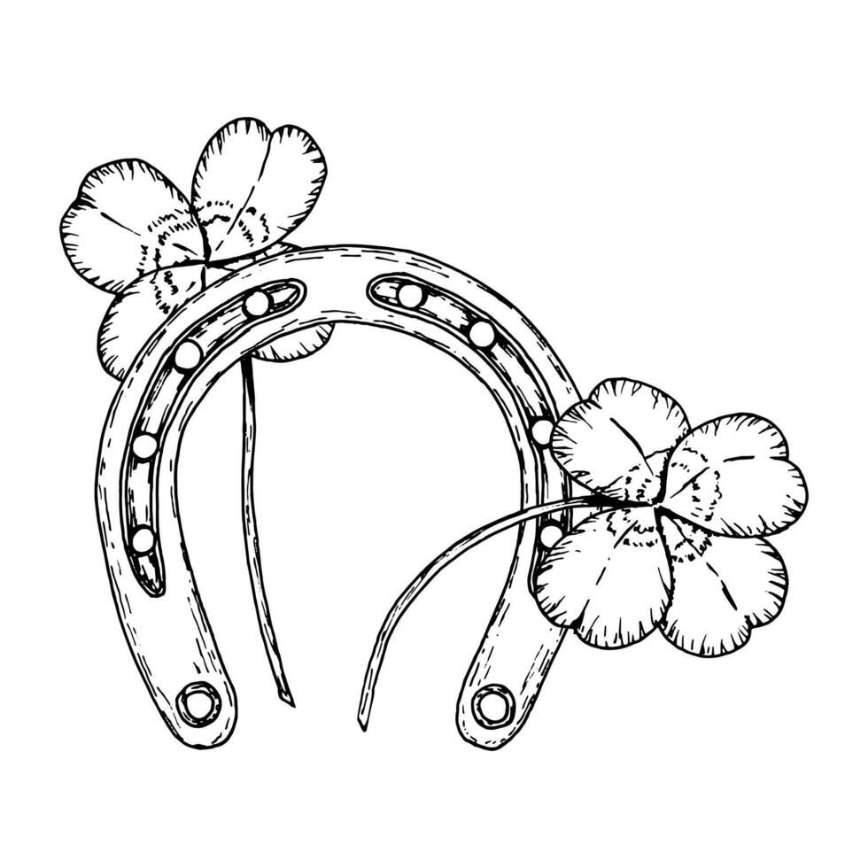 Hand-drawn black and white illustration of a classic horseshoe decorated with two lucky four-leaf clovers. A powerful symbol of fortune, prosperity, and Irish folklore, ideal for St. Patrick s Day vector