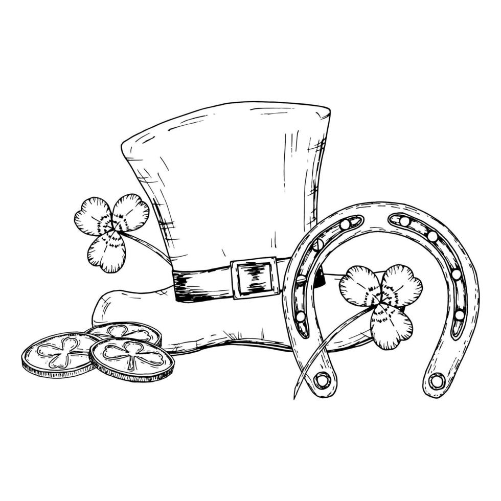 Monochrome illustration of a St. Patrick s Day set featuring a leprechaun hat, a horseshoe, lucky coins, and shamrocks. A festive design symbolizing Irish traditions, luck, and celebration vector