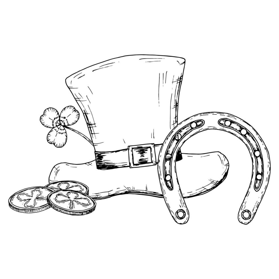 Black and white illustration of a St. Patrick s Day set featuring a leprechaun hat, a horseshoe, lucky coins, and shamrocks. A festive design symbolizing Irish traditions, luck, and celebration vector