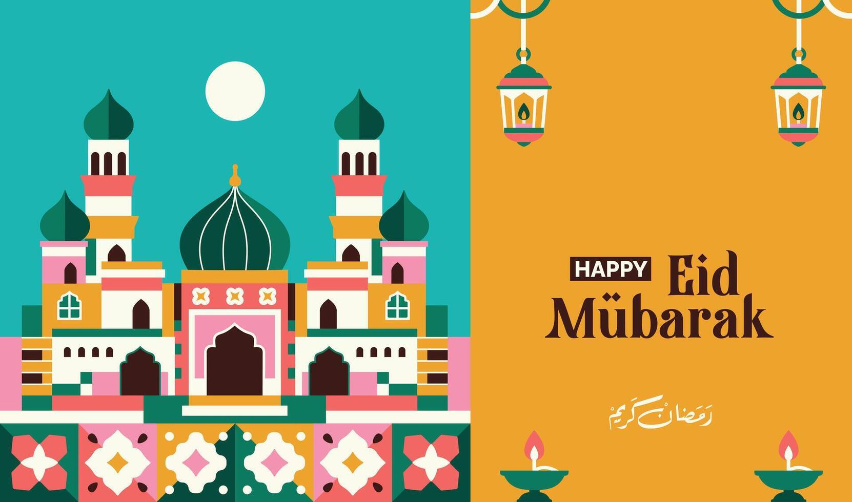 Colorful geometric mosque landscape pattern with cheerful pattern and greeting card on the left side, minimalist Ramadan Kareem, colorful horizontal Eid al-Fitr banner vector