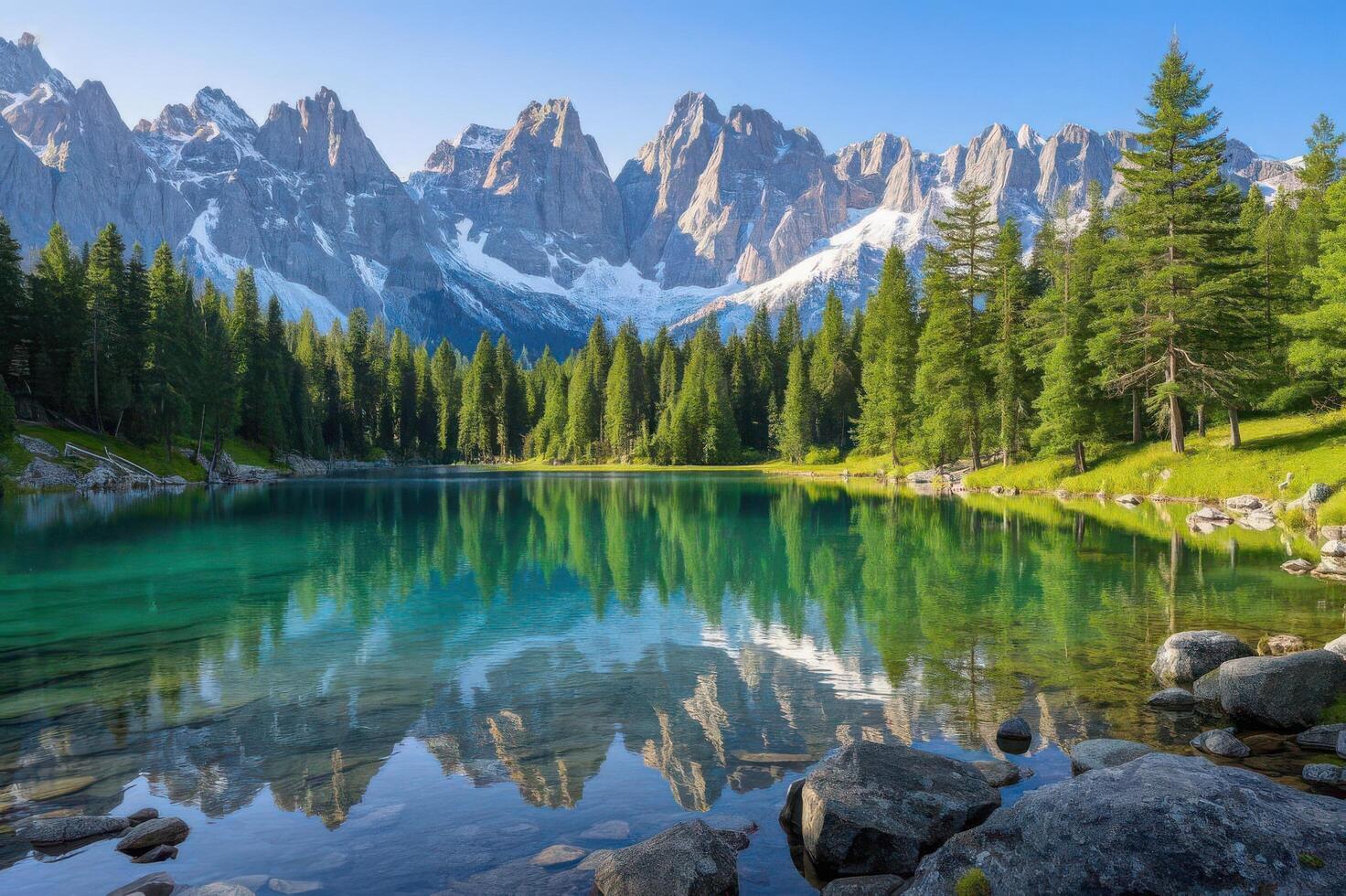 A crystal-clear alpine lake surrounded by towering pine trees. photo