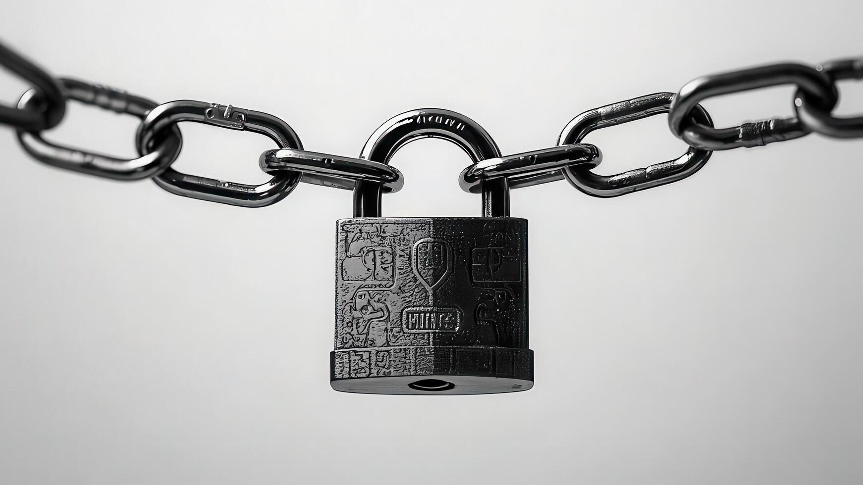 Shiny silver padlock secured on a metal chain isolated on white background for security design inspiration. photo