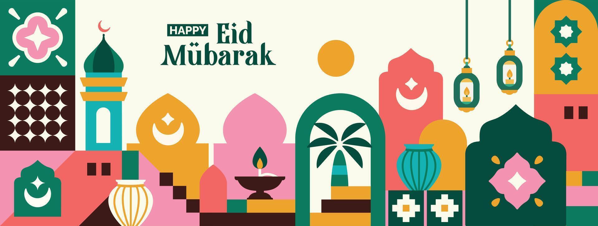 Ramadan Kareem design elements collection and icons in the form of landscapes, mosque domes, crescent moons, lanterns, and Islamic palm trees vector