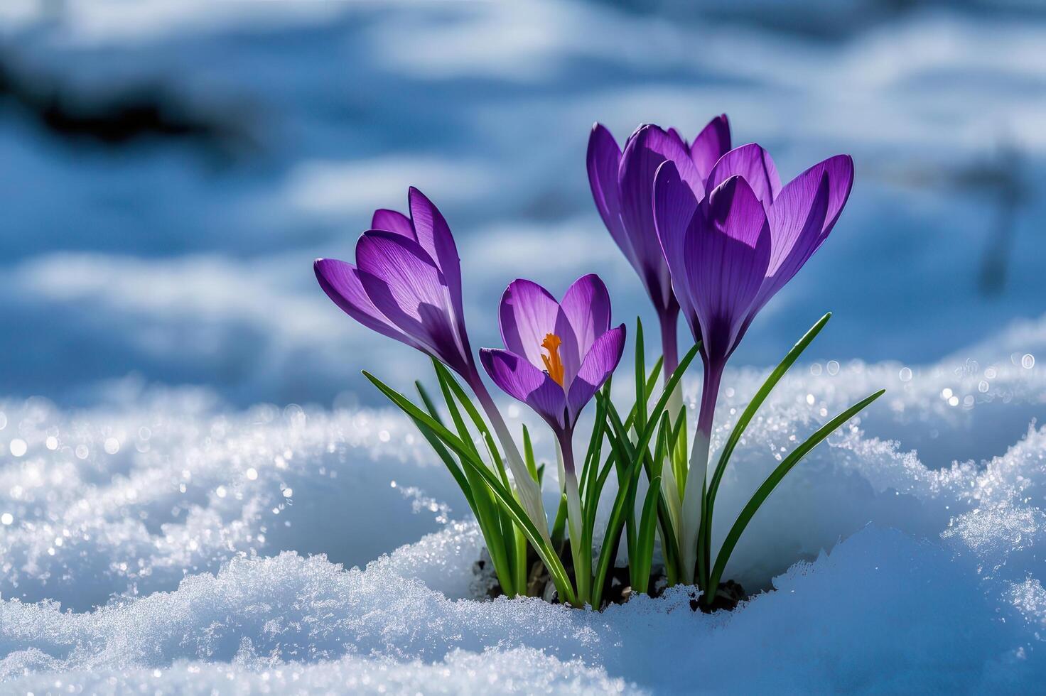 Dutch crocus flowers blooming in the snow during spring ideal for naturalizing in grass landscapes. photo
