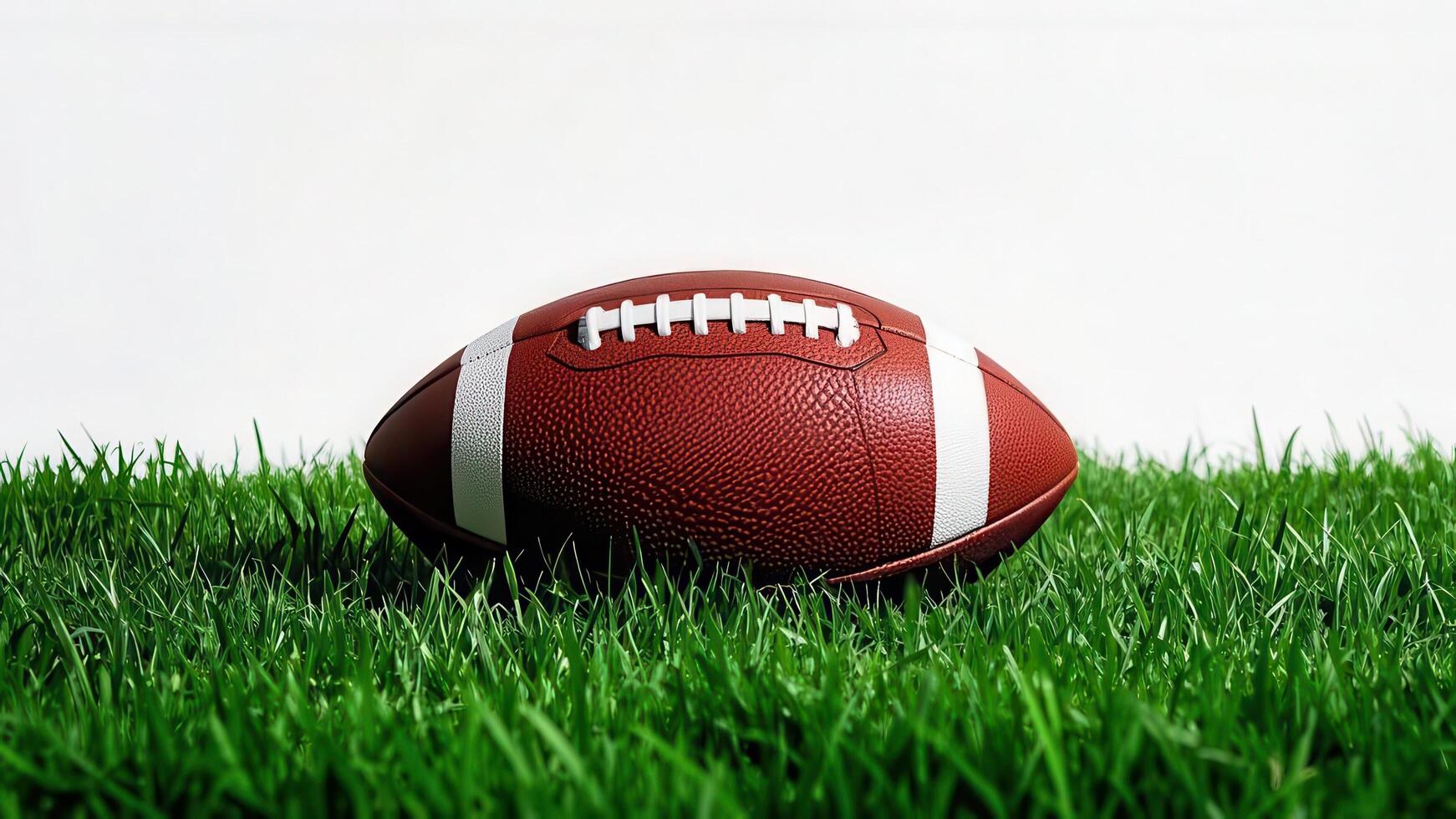 Leather American football resting on vibrant green grass isolate on white background. photo
