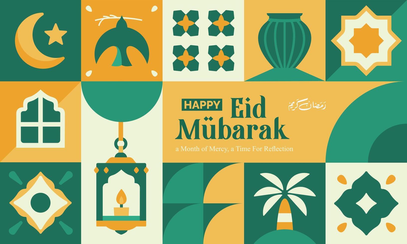 abstract geometric pattern of eid al fitr, ramadan kareem with various bright colored islamic icons and symbols vector
