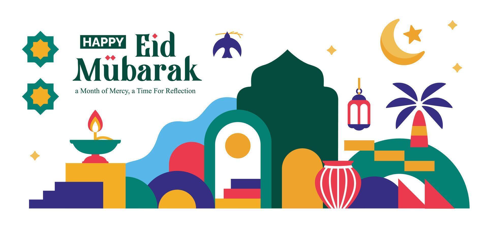 collection of ramadan kareem design elements in the form of colorful landscapes, mosque domes and islamic icons, crescent moon in flat geometric style vector
