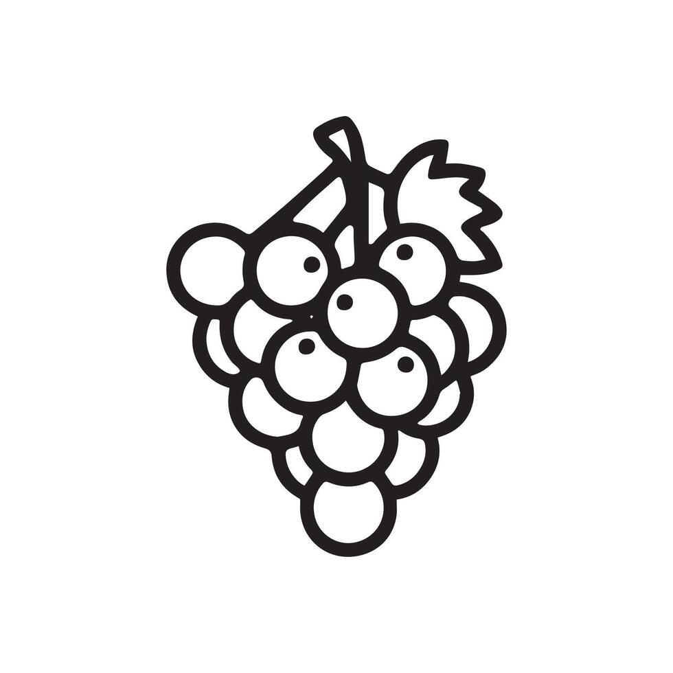 A simple line drawing of a cluster of grapes, featuring round grapes and a leafy vine. vector