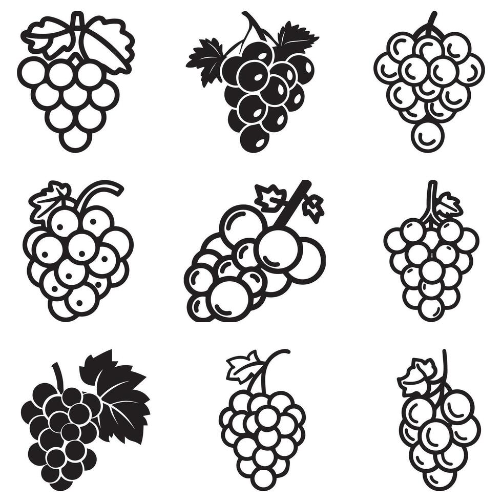 A minimalist line drawing of a bunch of grapes with a single leaf, showcasing various circular grapes and a natural, simple design. vector