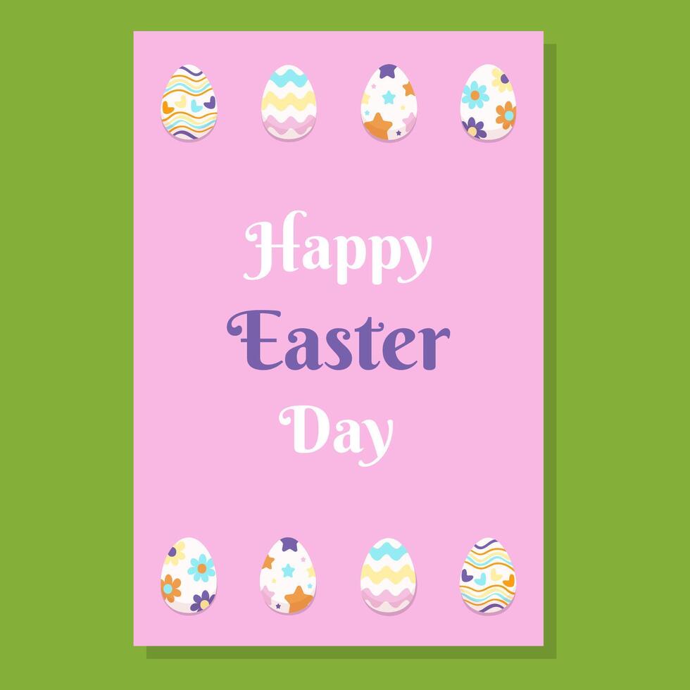 Cute Easter with Happy Easter Day text on a pastel pink background. Decorated eggs with floral, star, and wave patterns. Perfect for greeting cards, posters, invitations, and festive designs. vector