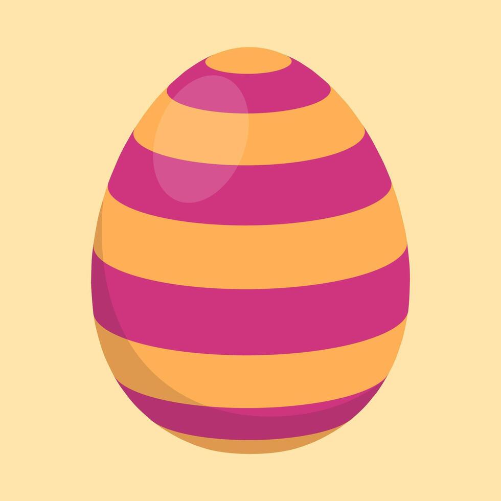 Orange and magenta striped Easter egg with a glossy effect on a pastel yellow background. Perfect for festive decor, cards, and digital design vector