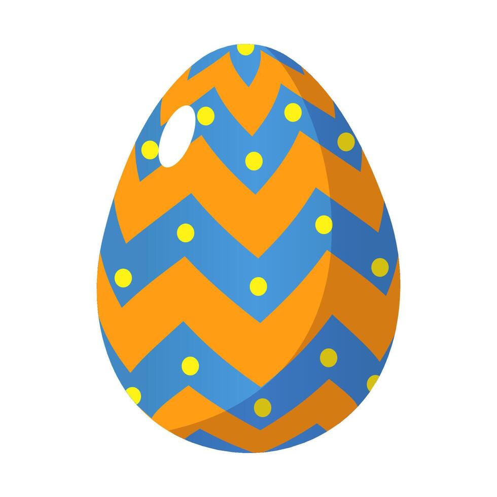 Colorful Easter egg with a bold zigzag pattern in blue and orange, decorated with small yellow dots. A vibrant design perfect for holiday decor, greeting cards, and festive projects. vector