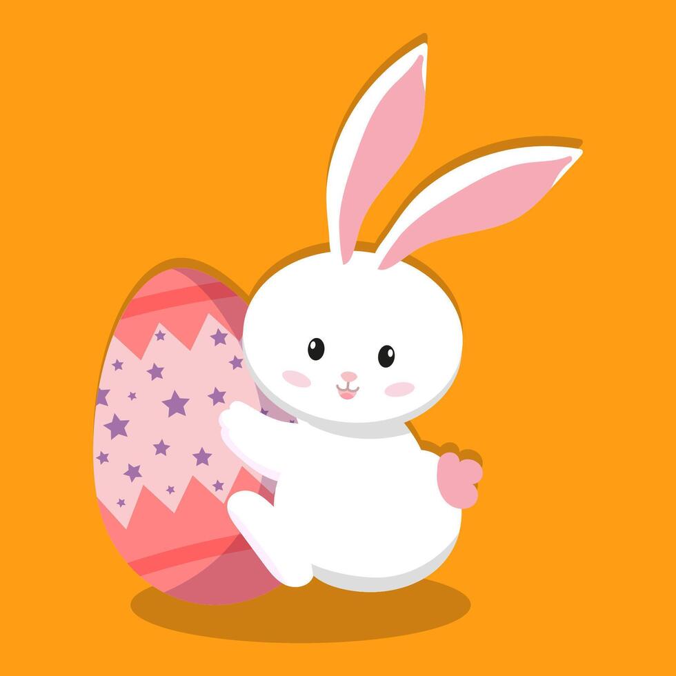 Adorable Easter bunny happily sitting and hugging a decorated pink egg with star patterns. A perfect festive illustration for holiday decorations, greeting cards, and children artwork. vector