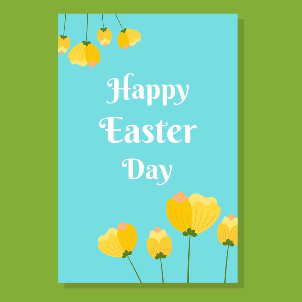 Elegant Easter with Happy Easter Day text on a light blue background. Features delicate yellow flowers in minimalist style. Ideal for greeting cards, invitations, posters, and seasonal designs vector