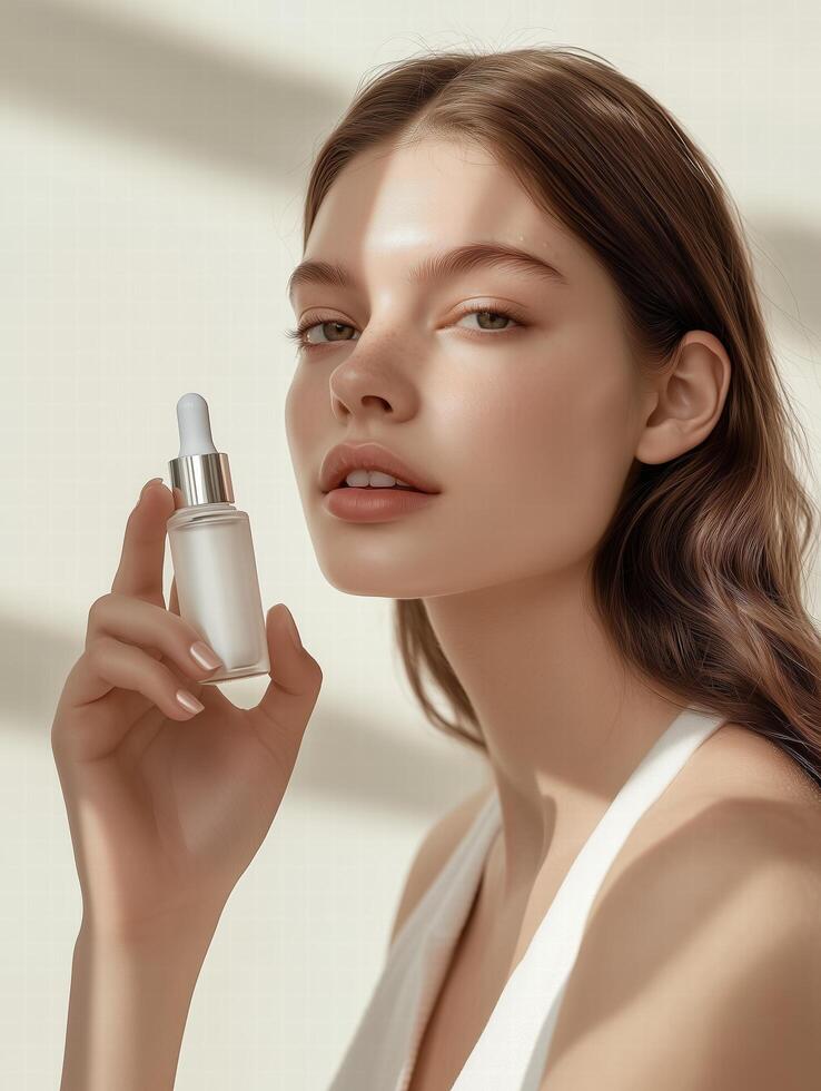 A fashion model showcasing a skincare product photo