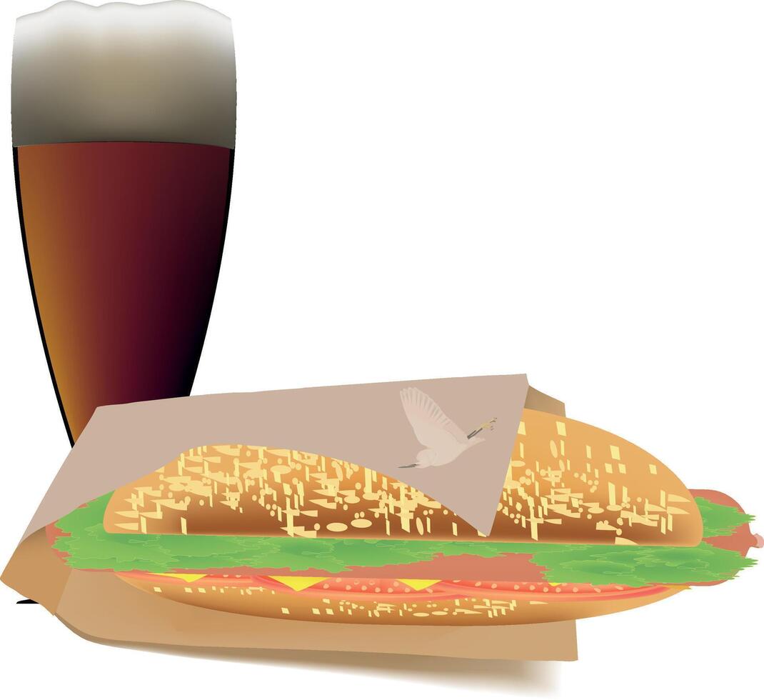 Mowed hot dog with container and red beer- vector