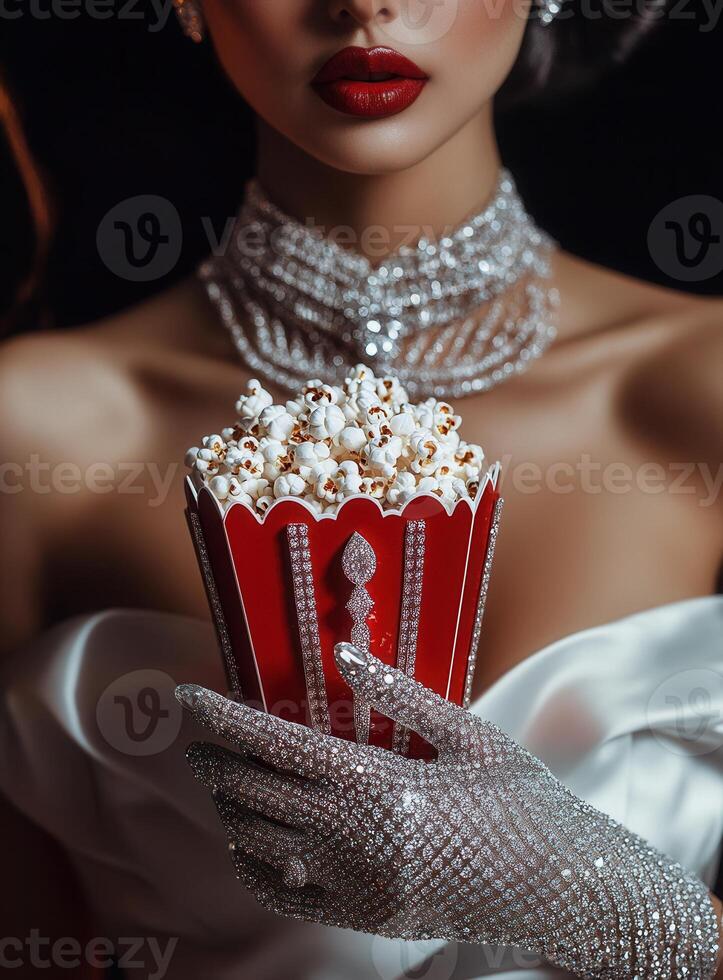 Elegant woman holding red container of popcorn with sparkling gloves and necklace photo