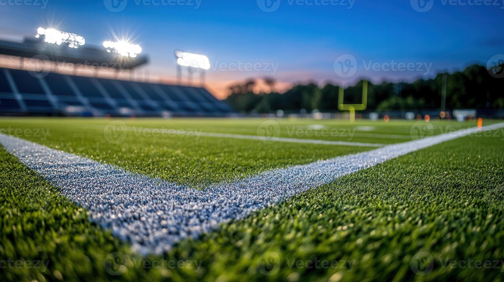 Football stadium field at night with illuminated bleachers and goal post photo