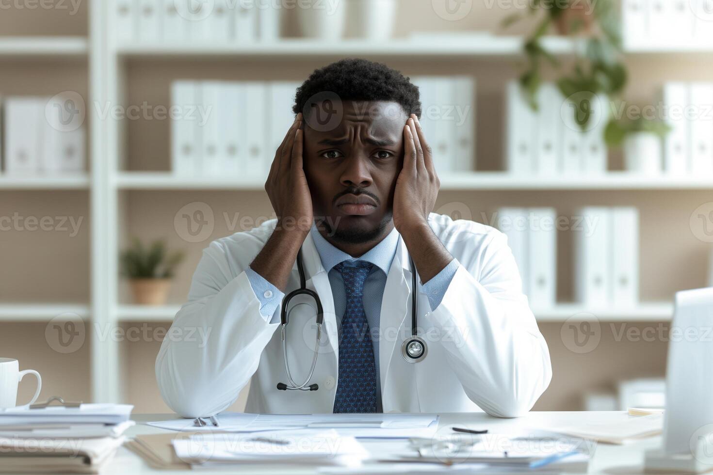 Stressed doctor suffering headache touching temples in hospital office photo
