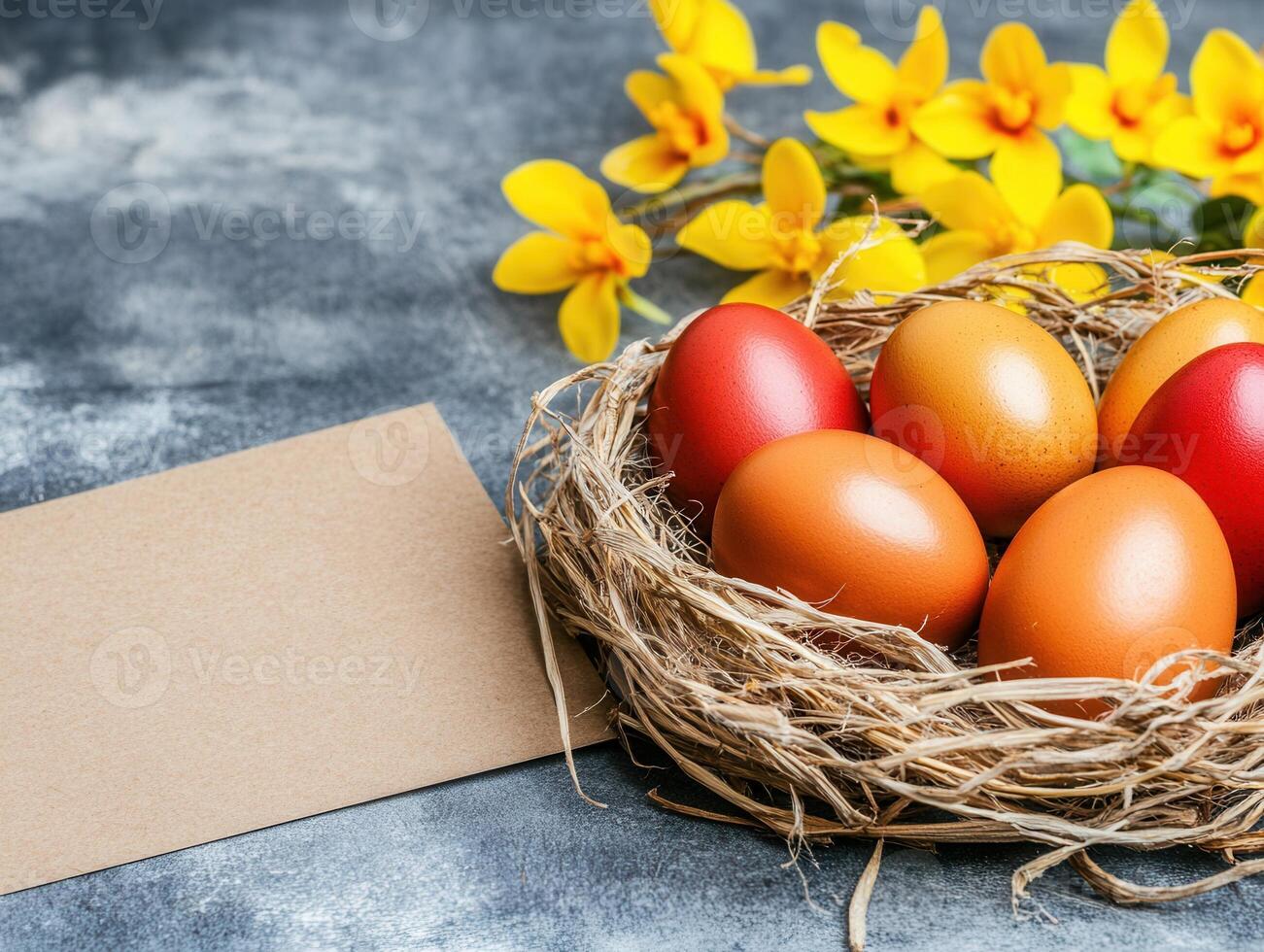 Easter eggs nest with blank greeting card and yellow flowers photo