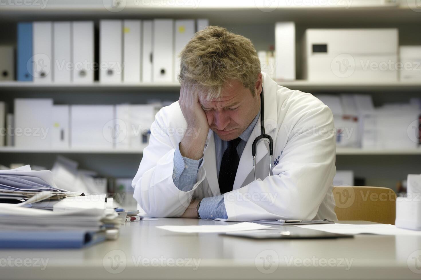 Overworked doctor suffering from stress and burnout in hospital office photo