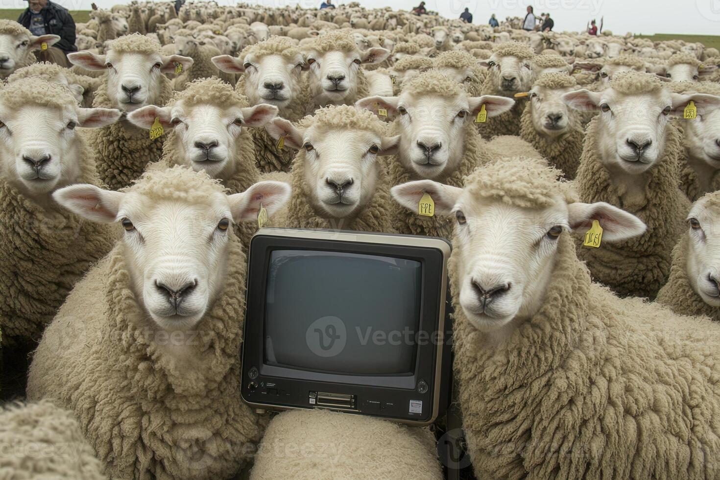 Flock of sheep watching television in a field photo
