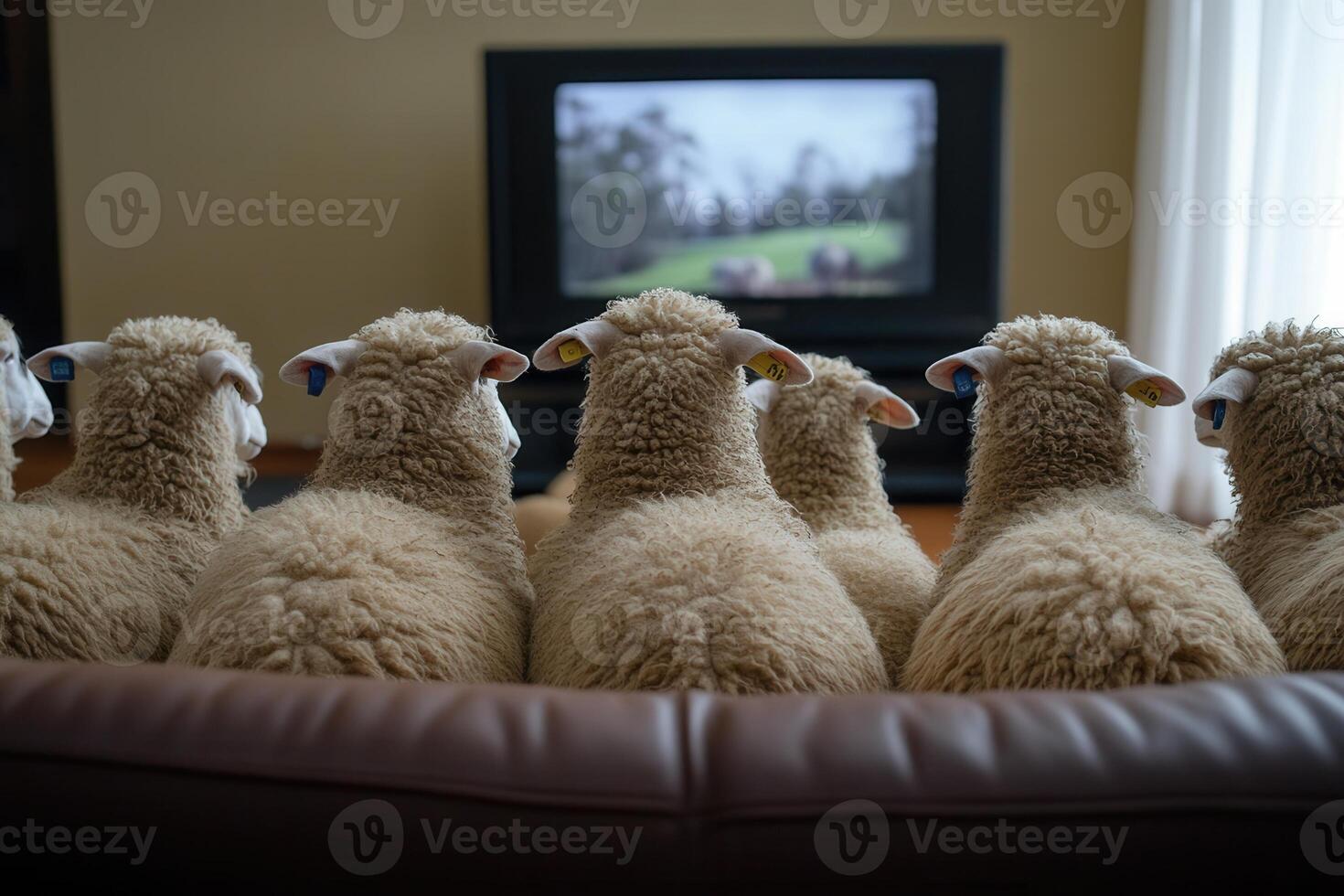 Group of sheep watching television program on sofa photo