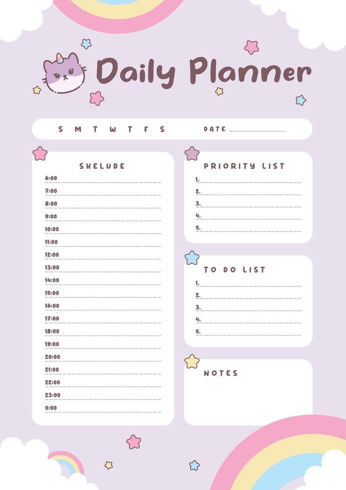 Cute cat caticorn daily planner template vector
